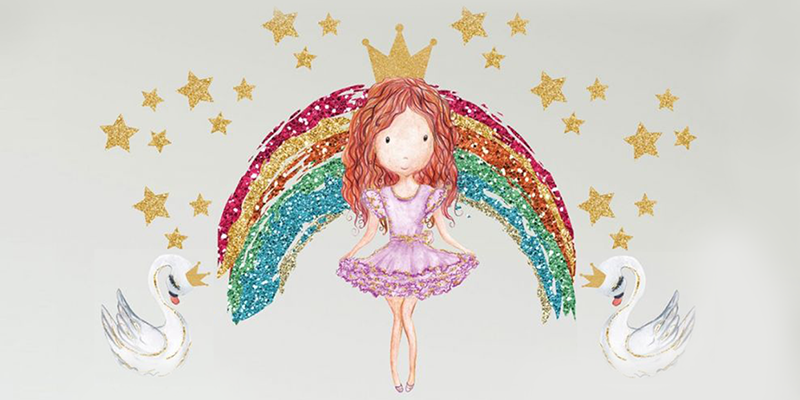 Whimsical kids room décor featuring a crowned princess with a rainbow, golden stars, and two white swans.