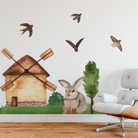 Bunny with windmill animal wall sticker for children | Huetion