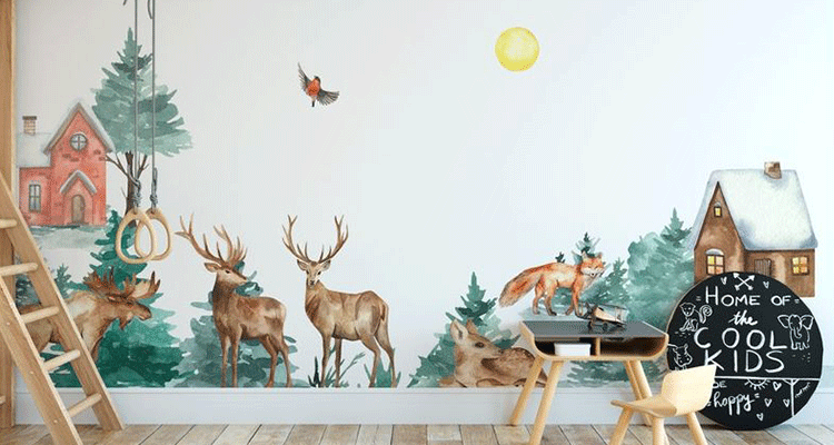 Nursery wall sticker featuring deer, a fox, trees, and cabins under a bright sun, creating a woodland scene for kids' rooms.