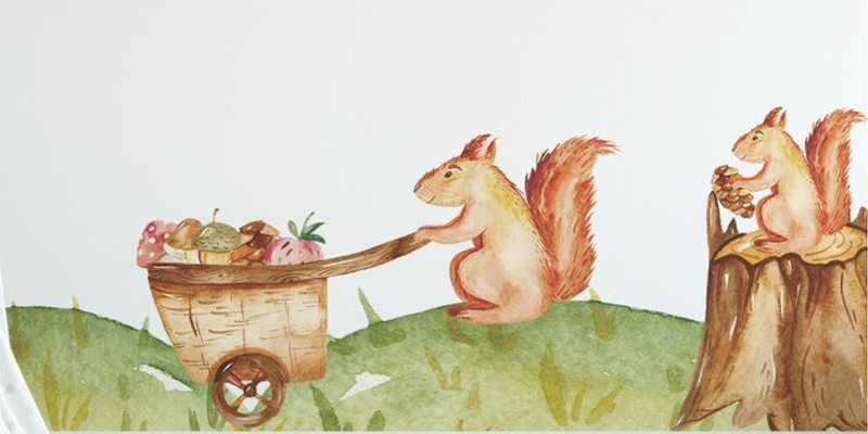 Children's wall stickers featuring playful squirrels in a woodland scene, with one pushing a cart full of acorns and mushrooms.