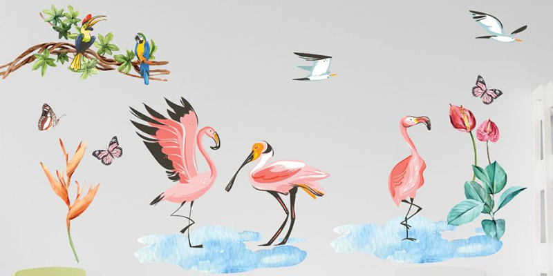 Bright children's wall stickers featuring flamingos, tropical birds, flowers, and butterflies in a playful nature scene.