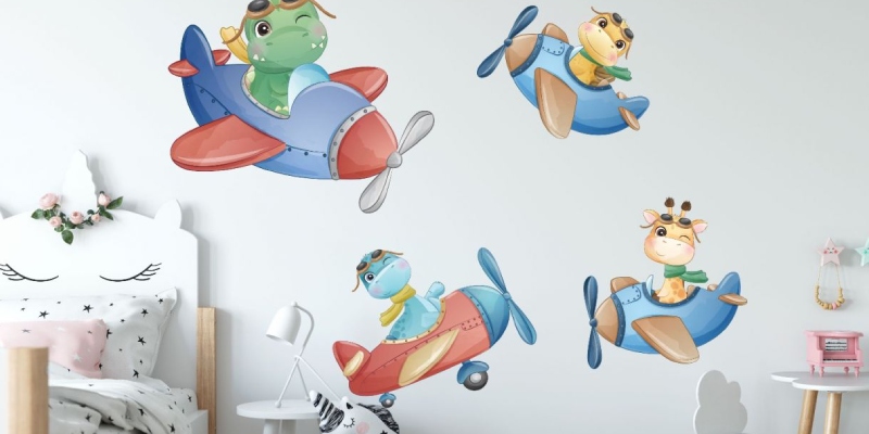 Dinosaur wall decals featuring cute dinosaurs flying colorful airplanes in a playful, cartoon style.
