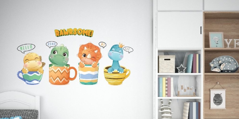 Dinosaur wall decals featuring adorable dinosaurs sitting in colorful teacups with playful speech bubbles and "RAWRsome" text.