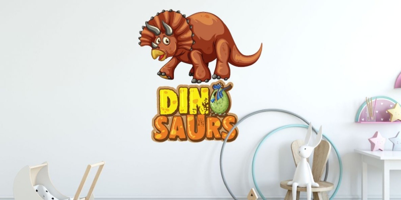 Dinosaur wall decal featuring a cartoon triceratops above bold, colorful "Dinosaurs" text in a playful design.