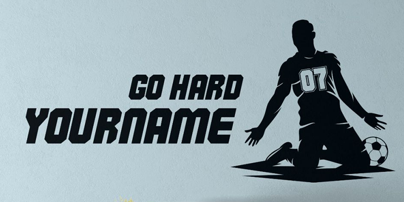 Silhouette of a soccer player with customizable text "Go Hard" and personalized name, perfect for a boys room.