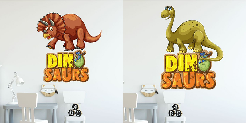 Cute dinosaur wall stickers featuring a triceratops and brachiosaurus bring a playful and educational touch to nursery walls.