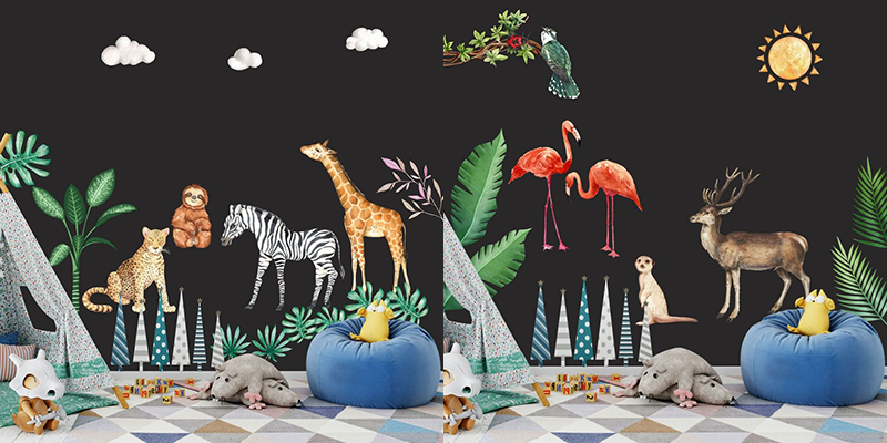 Vibrant safari animal wall stickers featuring giraffes, zebras, and flamingos bring a playful and adventurous theme to nursery walls.