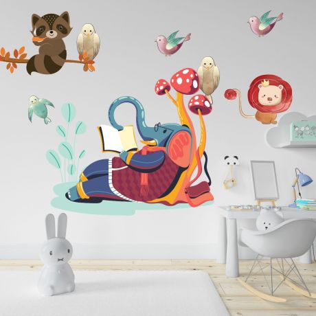 Elephant reading wall sticker lion vinyl wall stickers birds stickers for kids room | Huetion
