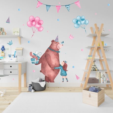 Fairy animals wall sticker bear vinyl wall stickers balloons decals for kids room | Huetion