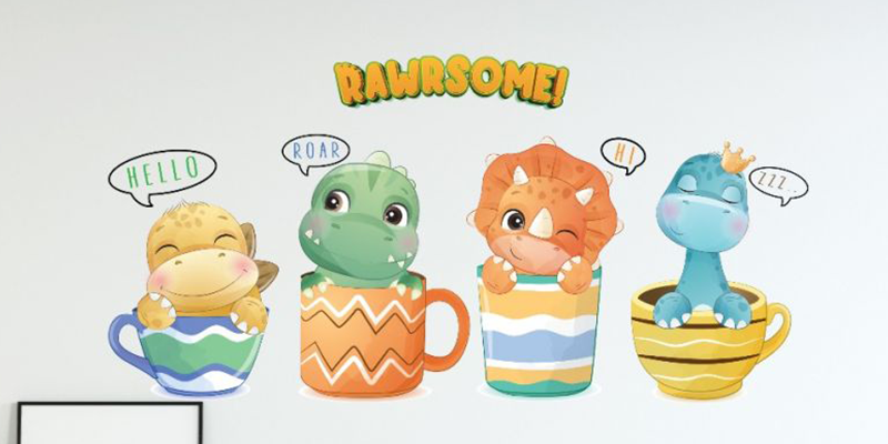 Nursery wall stickers featuring cute dinosaurs in colorful teacups with speech bubbles and the word "RAWRsome" above.