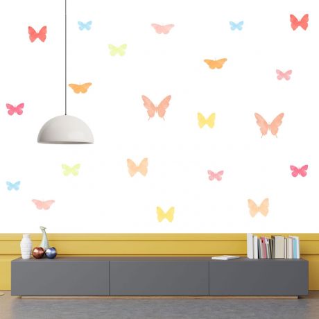 Set of 20 multicolour butterfly wall stickers watercolour effect pattern for kids room wall stickers | Huetion