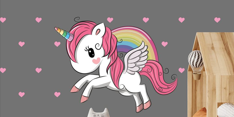 Adorable pink unicorn wall sticker with rainbow and hearts adds a playful and magical charm to a girl's room decor.