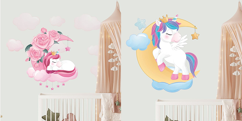 Two unicorn wall stickers featuring a unicorn on a pink cloud with roses and another on a moon with stars, perfect for kids' rooms.