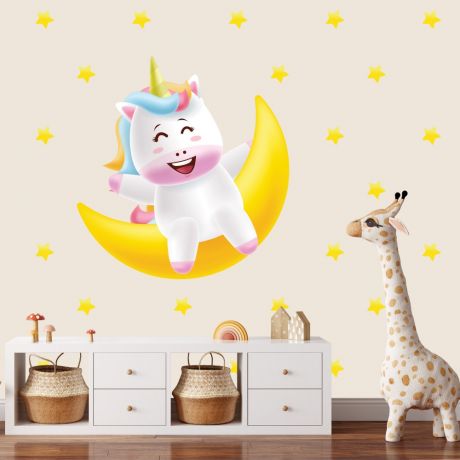 unicorn with moon wall sticker wall decal stickers fantasy girls bedroom wall art cute nursery | Huetion