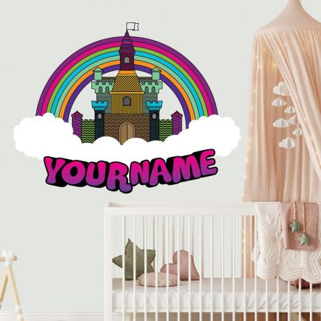 Custom name castle rainbow wall stickers fantasy girls bedroom wall art | Huetion