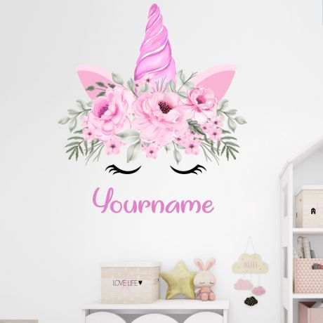 Custom name unicorn horn wall sticker unicorn wall decal flower room decor unicorn room decor | Huetion