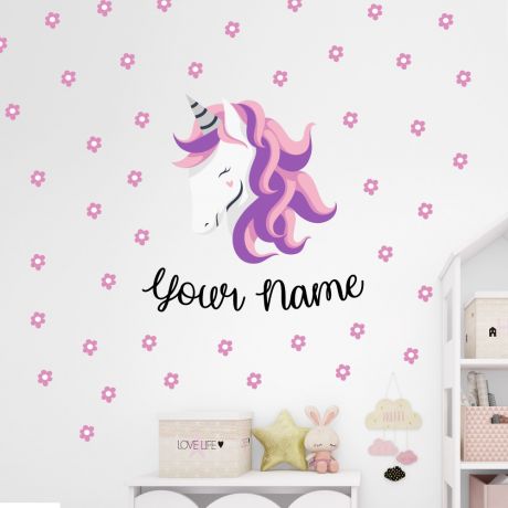 Custom name unicorn wall sticker unicorn wall decal flower room decor unicorn room decor unicorn horn | Huetion