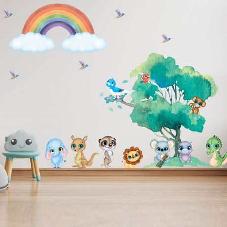 Fairy animals wall sticker birds vinyl wall stickers rainbow decals for kids room | Huetion