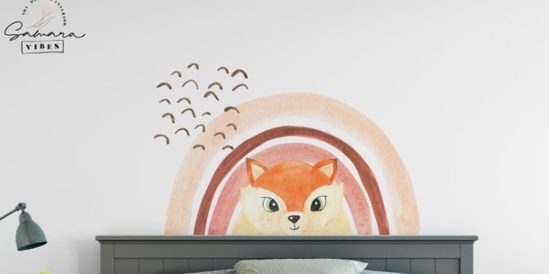 Rainbow wall sticker featuring a cute fox face and soft pastel colors, perfect for adding charm to children's rooms.