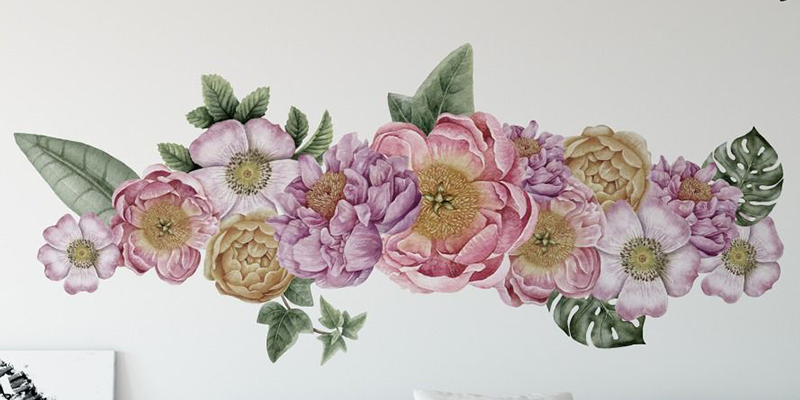 Peony flowers wall stickers floral design wall sticker nursery walls decals roses with leaves | Huetion