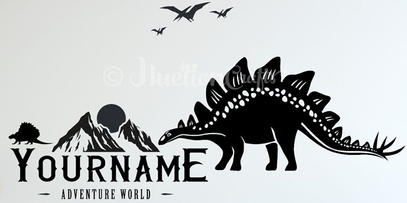 Dinosaur wall decal featuring a Stegosaurus, mountains, and customizable name text, perfect for creating a personalized adventure theme.