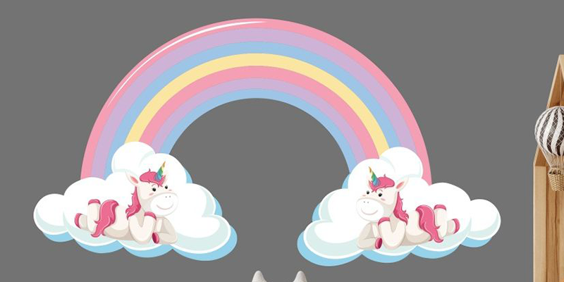 Rainbow wall sticker with unicorn wall decal stickers fantasy girls bedroom wall art cute nursery | Huetion