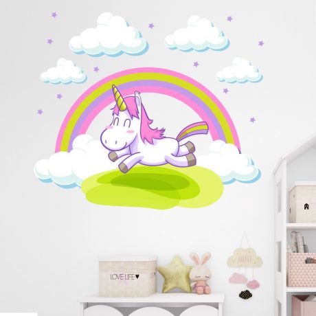 Unicorn with rainbow wall decal stickers fantasy girls bedroom wall art cute nursery.