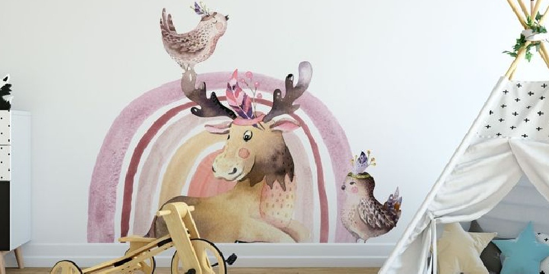 Rainbow wall sticker featuring a whimsical moose with birds and soft pastel colors, perfect for decorating children's rooms.