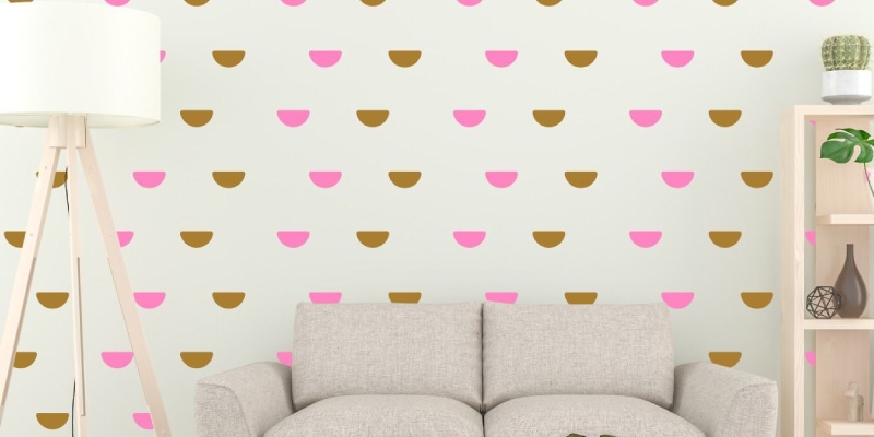 Boho wall stickers featuring a repeating pattern of pink and gold half-circles, perfect for adding a playful yet chic touch.