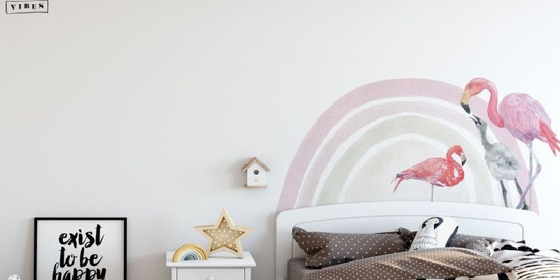 Flamingo Wall Decal, Boho Rainbow Wall Stickers, Girls Bedroom Rainbow Wall Stickers, Home Decor, Rainbow and Flamingo Birds Wall Stickers | Huetion