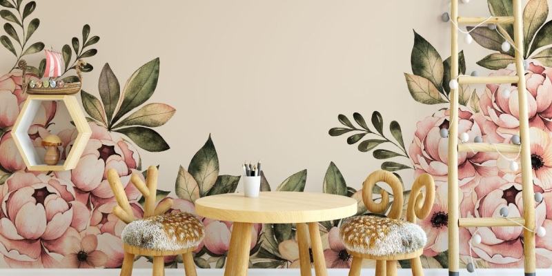 Peonies Pink Flowers, Girls Room Peony Floral Wall Decal, Home Decor Bedroom, Kids Bedroom, Watercolour Flowers Wall Sticker Peel & Stick | Huetion