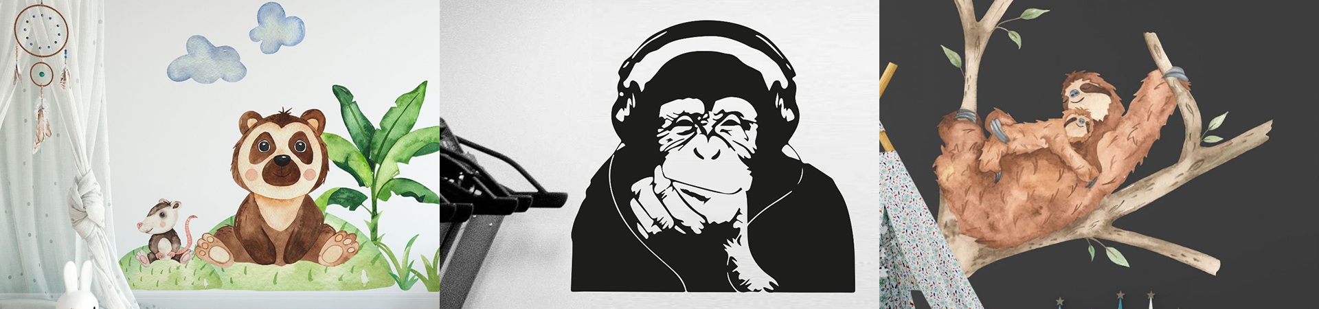 Collection of cute animal wall stickers featuring playful designs of a bear, a thoughtful monkey with headphones, and a lounging sloth on branches.