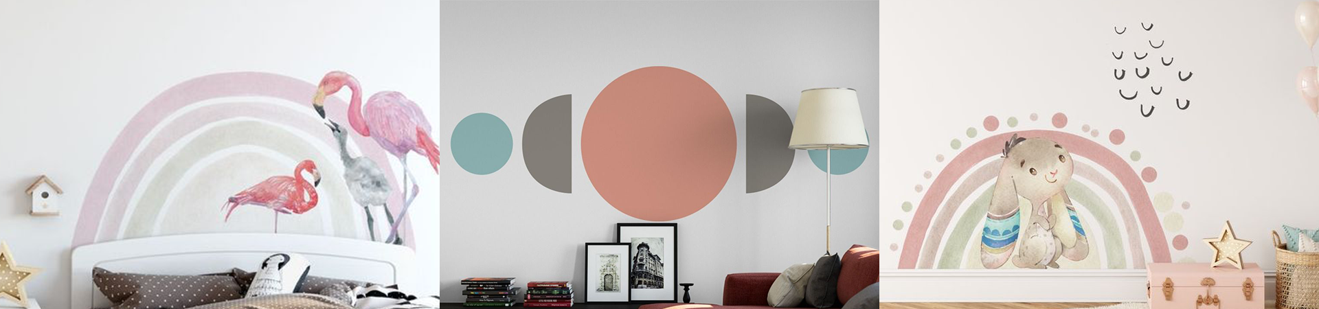 Set of boho wall stickers featuring rainbows, flamingos, and abstract shapes, perfect for adding charm to children's room decor.