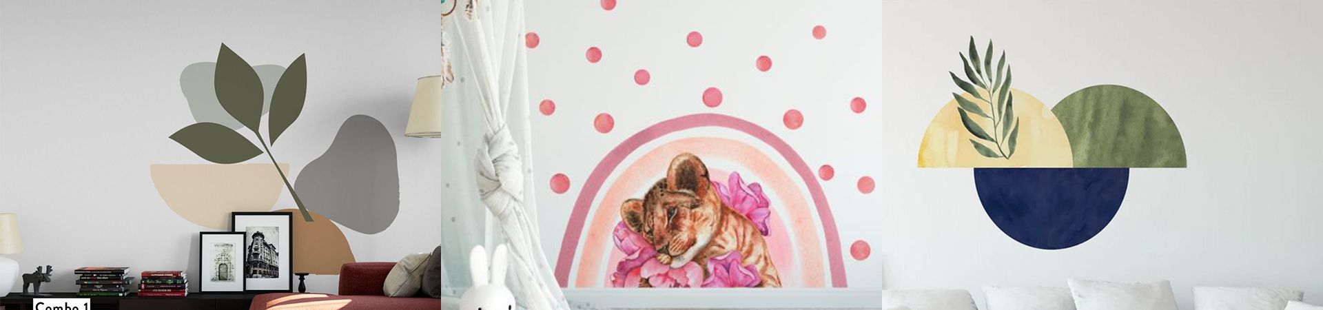 Set of boho wall decals featuring abstract shapes, botanical accents, and soft color palettes for a modern, earthy decor style.