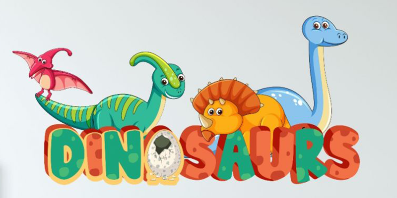 Dinosaur wall decal featuring vibrant cartoon dinosaurs and playful lettering, perfect for decorating children's rooms.