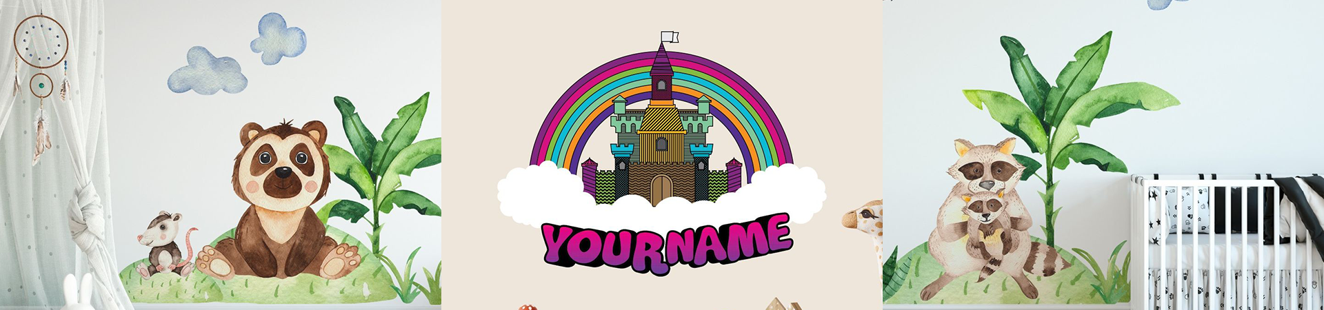 Set of girl room wall stickers featuring adorable animal characters, tropical plants, and customizable rainbow castle design.