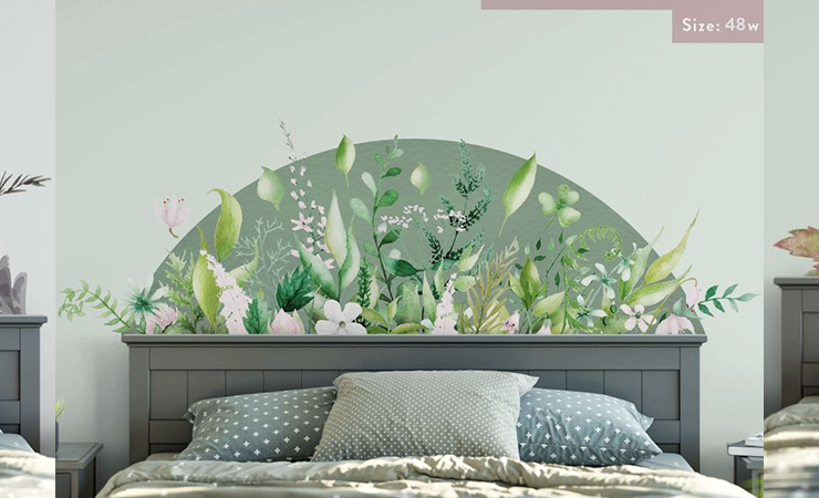 Set of headboard wall stickers with floral designs in pastel and earthy tones, adding elegance and softness to bedroom decor.
