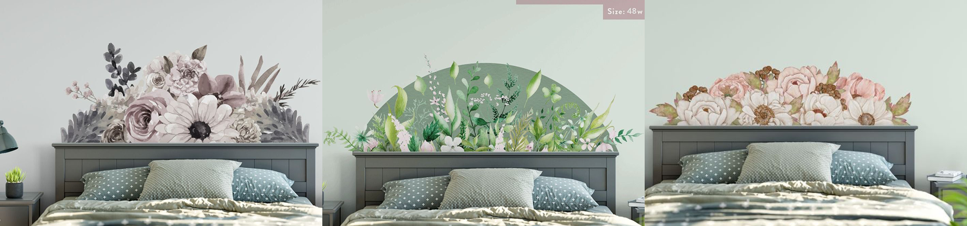 Set of headboard wall stickers with floral designs in pastel and earthy tones, adding elegance and softness to bedroom decor.