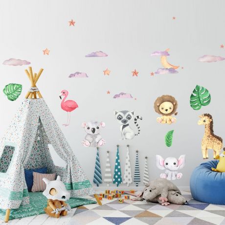 Jungle animals nursery wall stickers safari animal wall vinyl wall stickers for kids room | Huetion