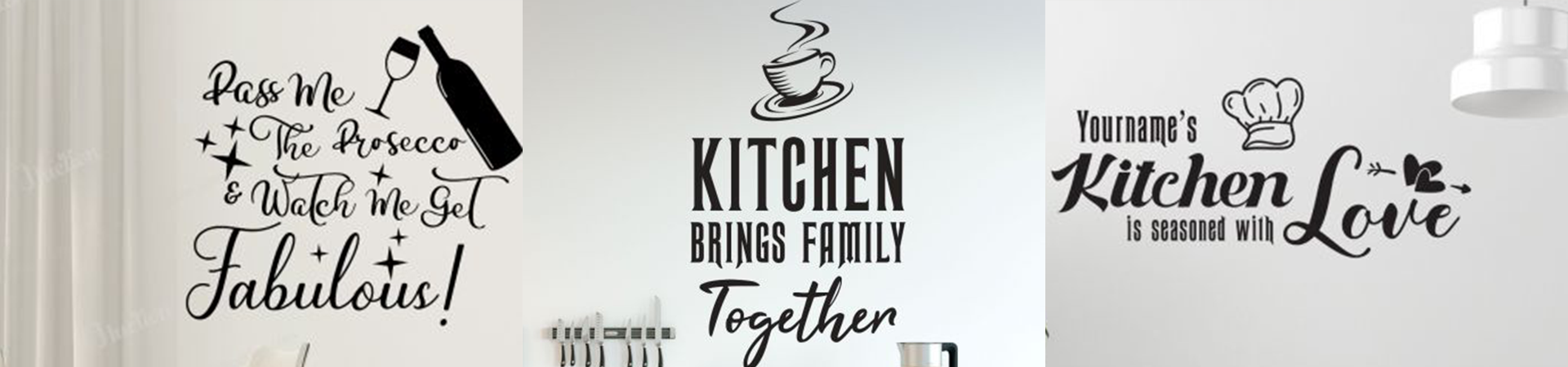 Set of kitchen wall decals with phrases and icons, adding a fun and warm ambiance to cooking spaces. Perfect for kitchen decor.
