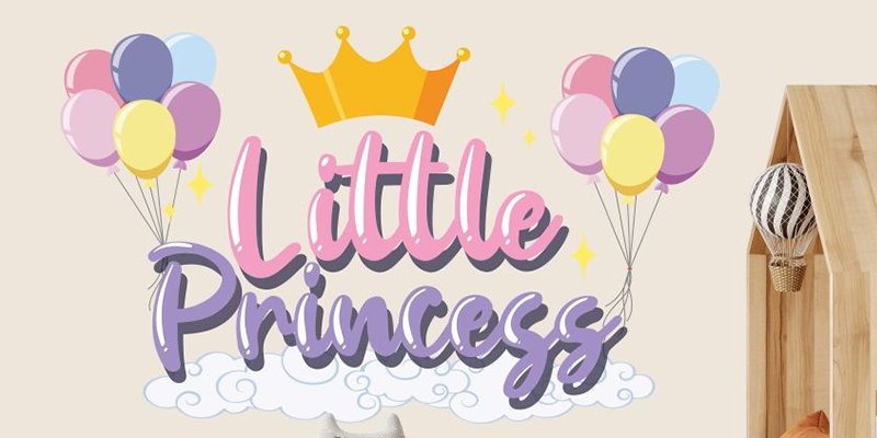 Colorful "Little Princess" wall decal featuring balloons, a crown, and a unicorn theme, perfect for decorating kids' rooms.