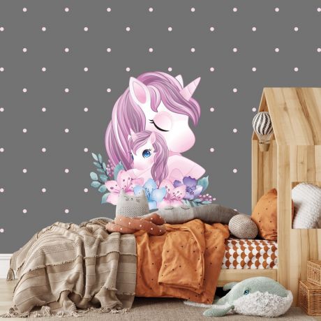 Unicorn wall sticker featuring a mother and baby unicorn with purple manes surrounded by pastel flowers, perfect for kids' rooms.