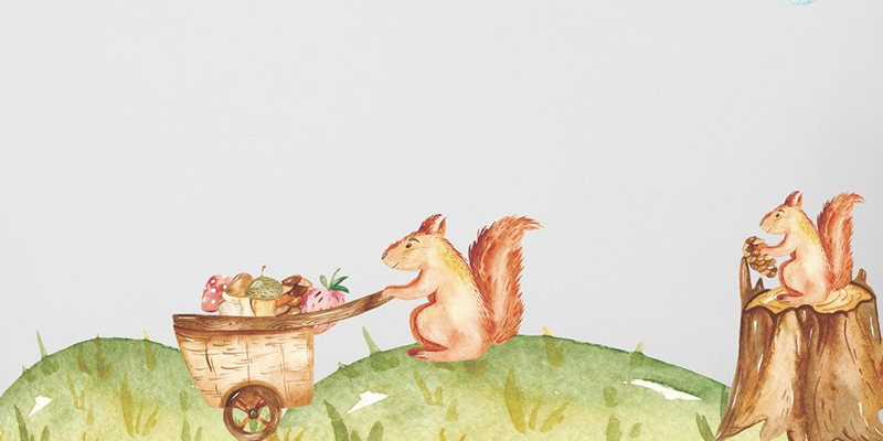 Children's wall stickers featuring playful squirrels in a woodland scene, with one pushing a cart full of acorns and mushrooms.