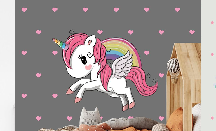 Unicorn wall decals featuring vibrant designs: a unicorn with flowers, a flying unicorn with rainbow mane, and a purple unicorn in a pastel circle.