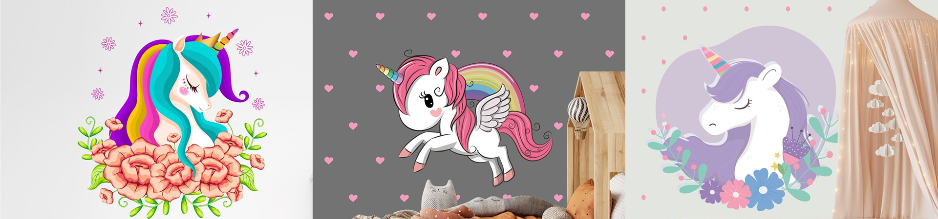 Unicorn wall decals featuring vibrant designs: a unicorn with flowers, a flying unicorn with rainbow mane, and a purple unicorn in a pastel circle.
