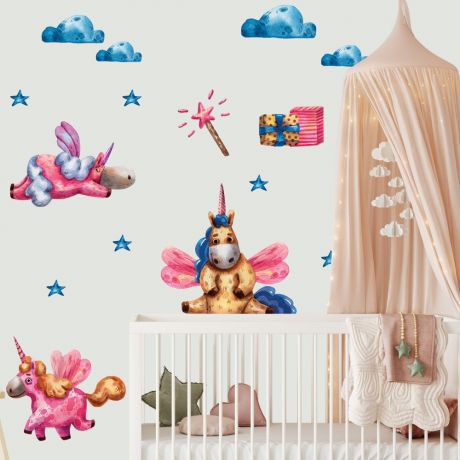 Watercolour magical unicorn wall stickers fantasy girls bedroom wall art | Huetion