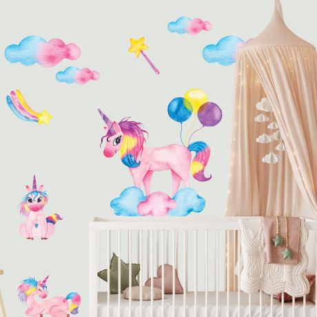 Watercolour unicorn wall stickers fantasy girls room wall art | Huetion