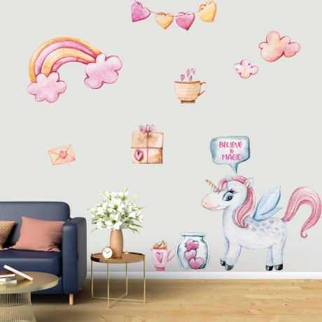 Believe in Magic Watercolour Unicorn Wall Stickers Fantasy Girls Bedroom Wall Art | Huetion