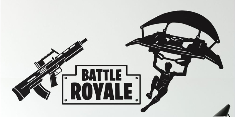 Black silhouette of a rifle, a parachuting figure, and "Battle Royale" text, featured in Fortnite wall stickers.