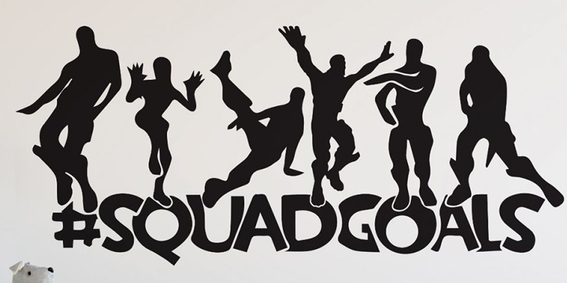 Fortnite wall stickers displaying six character silhouettes in action poses above bold "#SquadGoals" text in black.